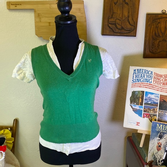 Vintage Y2K American Eagle Green Preppy Sweater Vest XS + Layering Cardigan XS - Picture 1 of 16